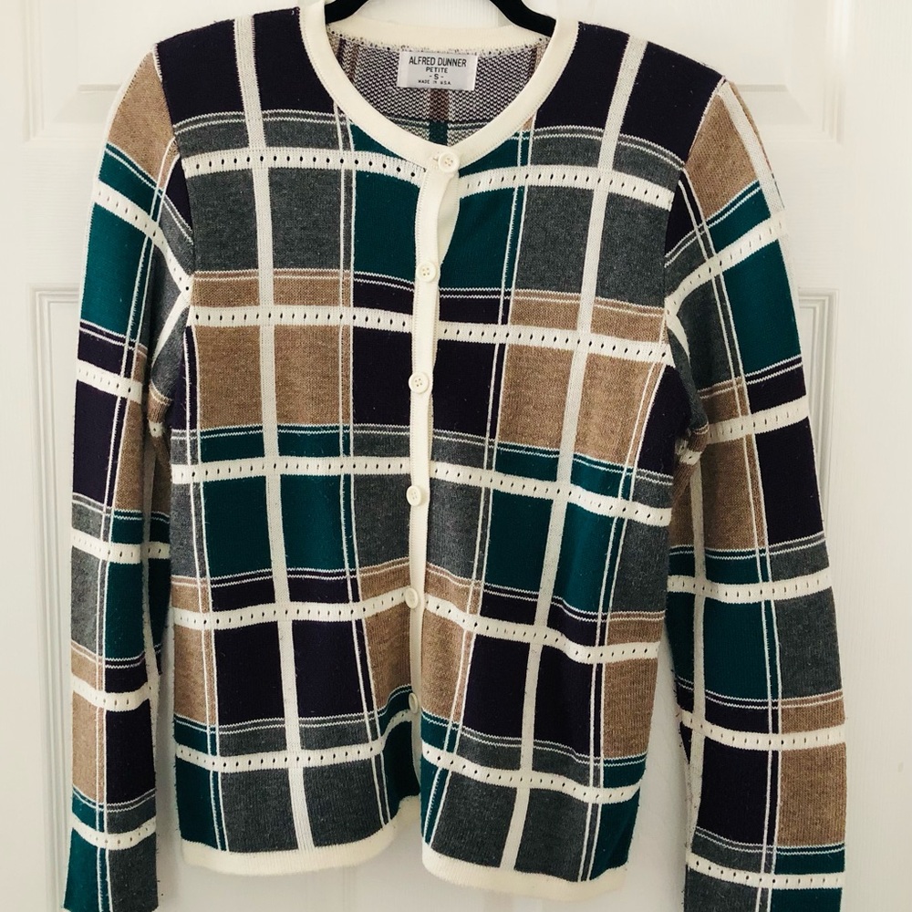 Petite Small Alfred Dunner Vintage Windowpane Cardigan Earthy Tones Cottagecore
